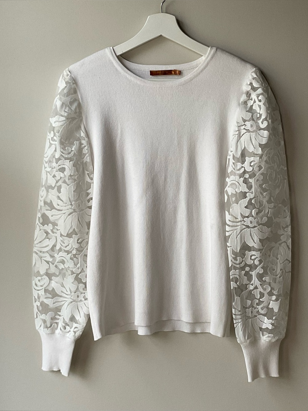 Belldini White Knit Crewneck Top with Lace Sleeves Large